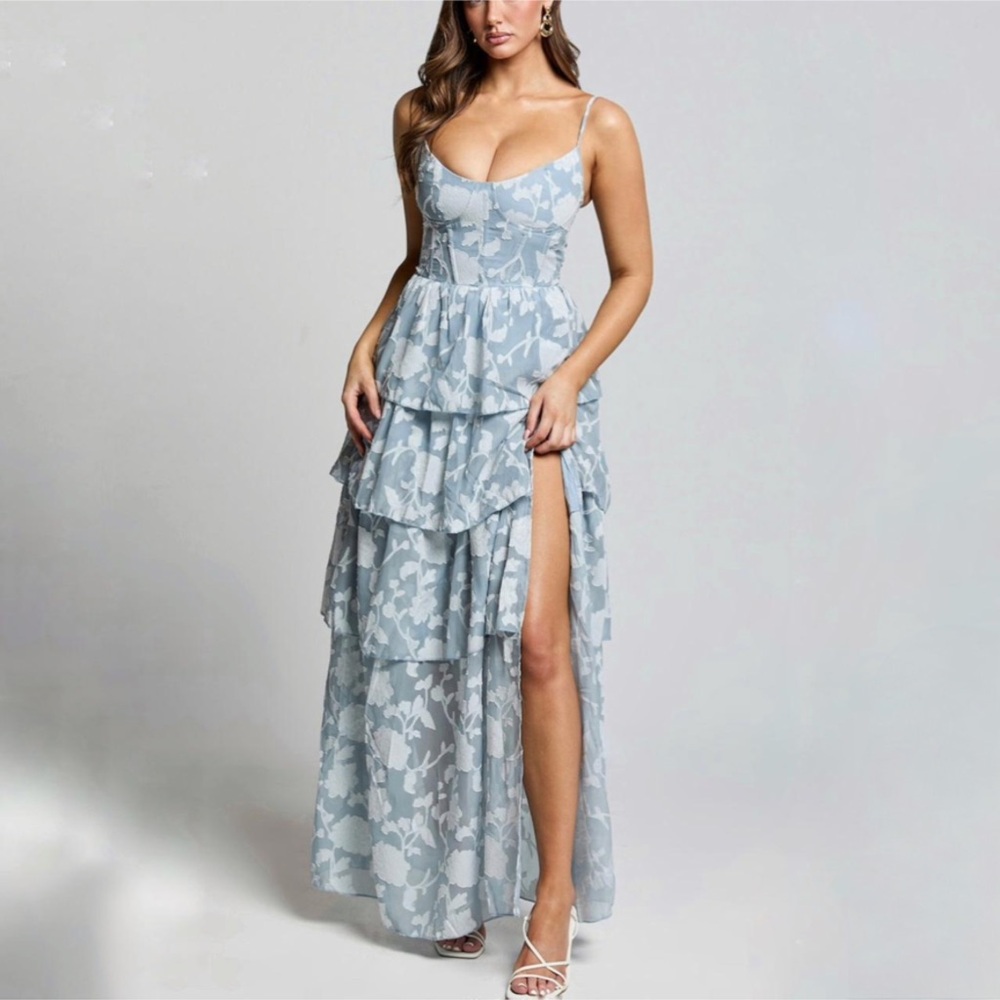 Showpo. Janezkie Femme Tiered Jacquard Formal Midi Dress Light Blue NWT Size 6